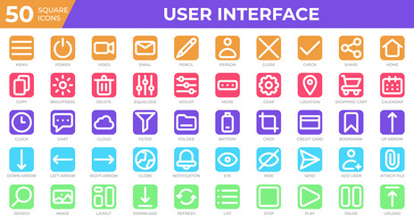 Set of 50 user interface icons in square style vector