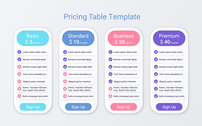 price table chart template with 4 columns vector image