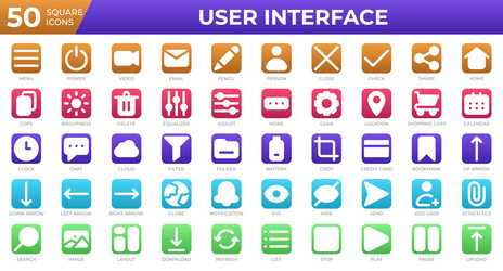 Set of 50 user interface icons in square style vector