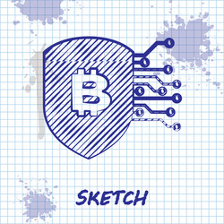 sketch line shield with bitcoin icon isolated vector image
