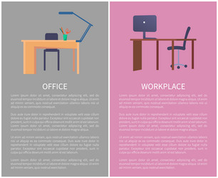 Office workplace web posters set with empty tables vector