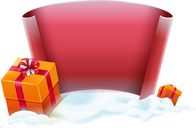 Red scroll and gift boxes in snow template vector