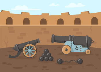 medieval cannons with cannonballs on tower vector