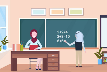 muslim arabian teacher with arab schoolboy solving vector