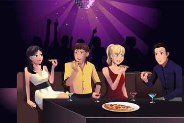 young people eating pizza vector