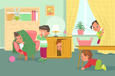 cute kids in room happy friends playing hide vector