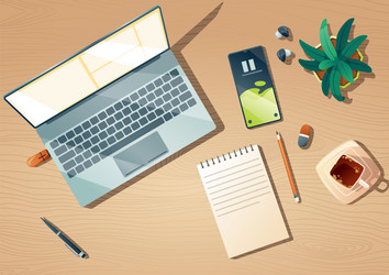 top view of workspace with computer stationery vector