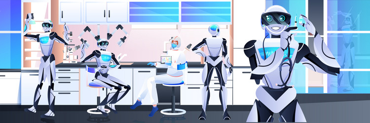 robots with scientist in protective suit making vector