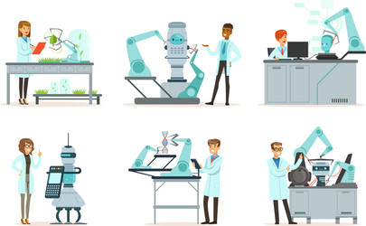 Scientists working in laboratory with robots vector