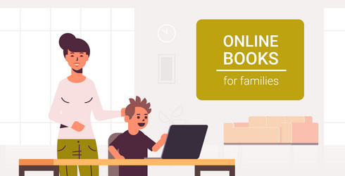 Mother and son using laptop reading online books vector