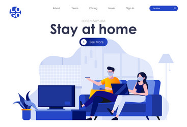 Stay at home flat landing page design young vector