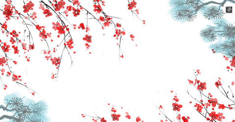 Sakura Blossom and Pine Tree Painting Vector Image