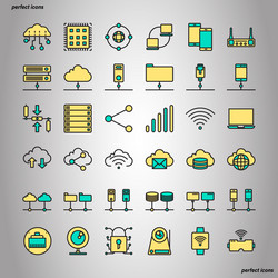 Computer networks and database color line icons vector