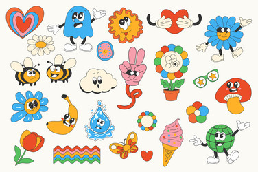 vintage groovy set elements in flat graphic design vector image
