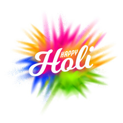 white happy holi font on blurred color splash vector