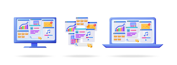 computer laptop and pop up windows with various vector image