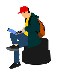 Boy work on laptop outdoor online social network vector