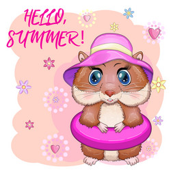 Cute hamster in swimming circle and hat summer vector