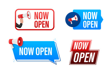 now open text with megaphone label set vector image