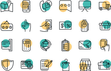 Shopping commercial icons set line style dot color vector