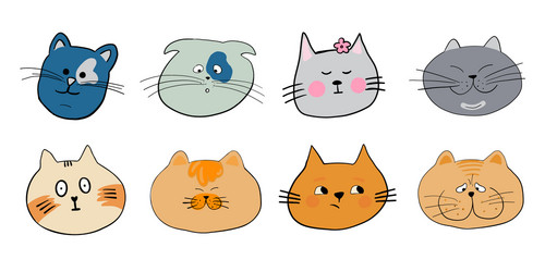 Set funny cats heads different breeds vector