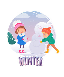 happy kids building snowman in winter children vector