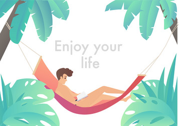 Man at beach hammock reading book and relaxing vector