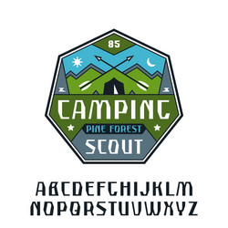 Rustic sanserif font and camping emblem vector