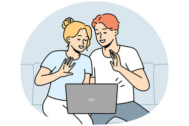 Smiling couple talk on video call computer vector