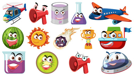 set of different toy objects with smiley faces vector image