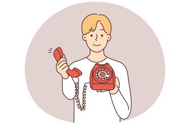 smiling man with corded phone offer to make call vector image
