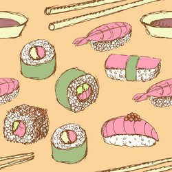 sketch sushi rolls in vintage style vector