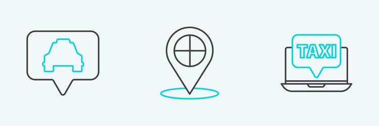 set line laptop call taxi service map pointer vector image
