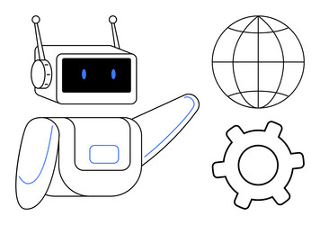 robot pointing towards globe and gear representing vector image