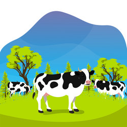 Group cow in farm meadow eat grass with flat vector