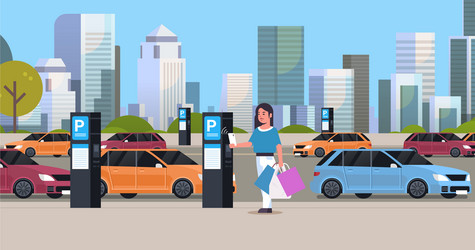 girl driver paying to parking place smartphone vector