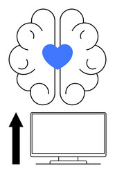 brain with heart and arrow above computer monitor vector image