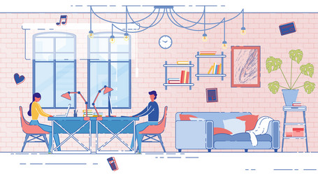 Banner married couple working at home cartoon vector