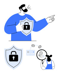 man with lock shield pointing securing online vector image