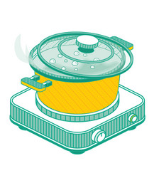 isometric pan with lid and boiling water vector