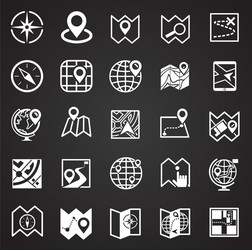 map and navigation icons set on black background vector image