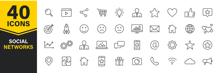 Set 40 social networks web icons in line style vector