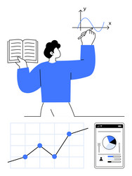 person explaining graphs and charts with open book vector image