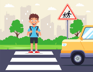 School children crossing road on crosswalk. Zebra crossing. Look right,  look left safety rule. Flat vector illustration template. Stock Vector