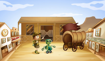 A girl and robot near the wagon vector