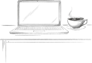 Hand drawn laptop with coffee sketch vector