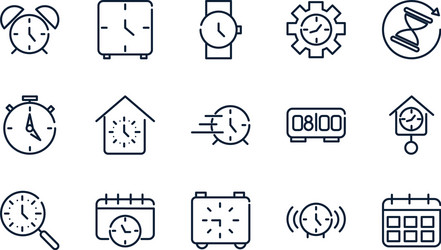 Time clock timer hour date linear design set icons vector