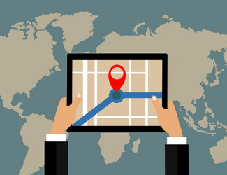 Businessman holds tablet and world map vector