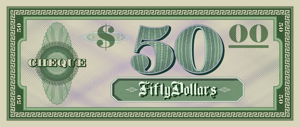 Sample green paper check of 50 dollars vector