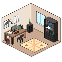 Pixel art office interior with furniture isometric vector